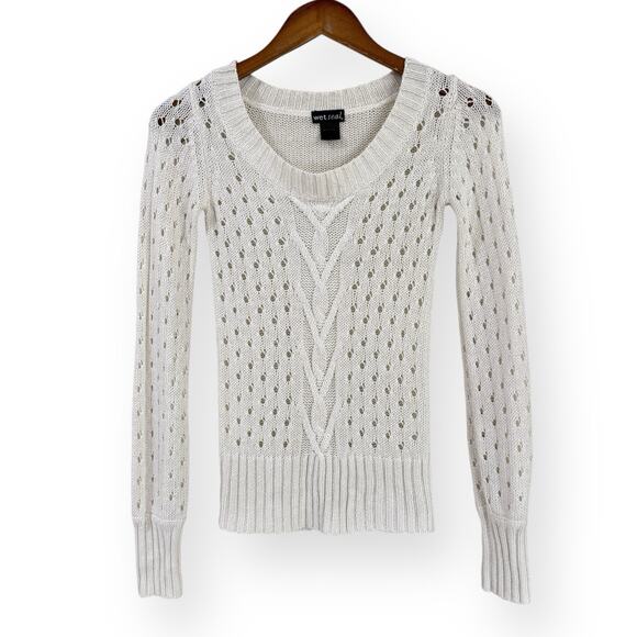 Wet Seal Sweaters - Vtg Y2K Wet Seal Sweater Womens S White Cable Knit Scoop Neck Preppy Balletcore